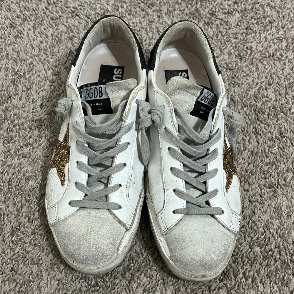 Golden Goose Super Star Black and Gold Glitter Lace Up Sneakers Size 38 - Picture 7 of 12